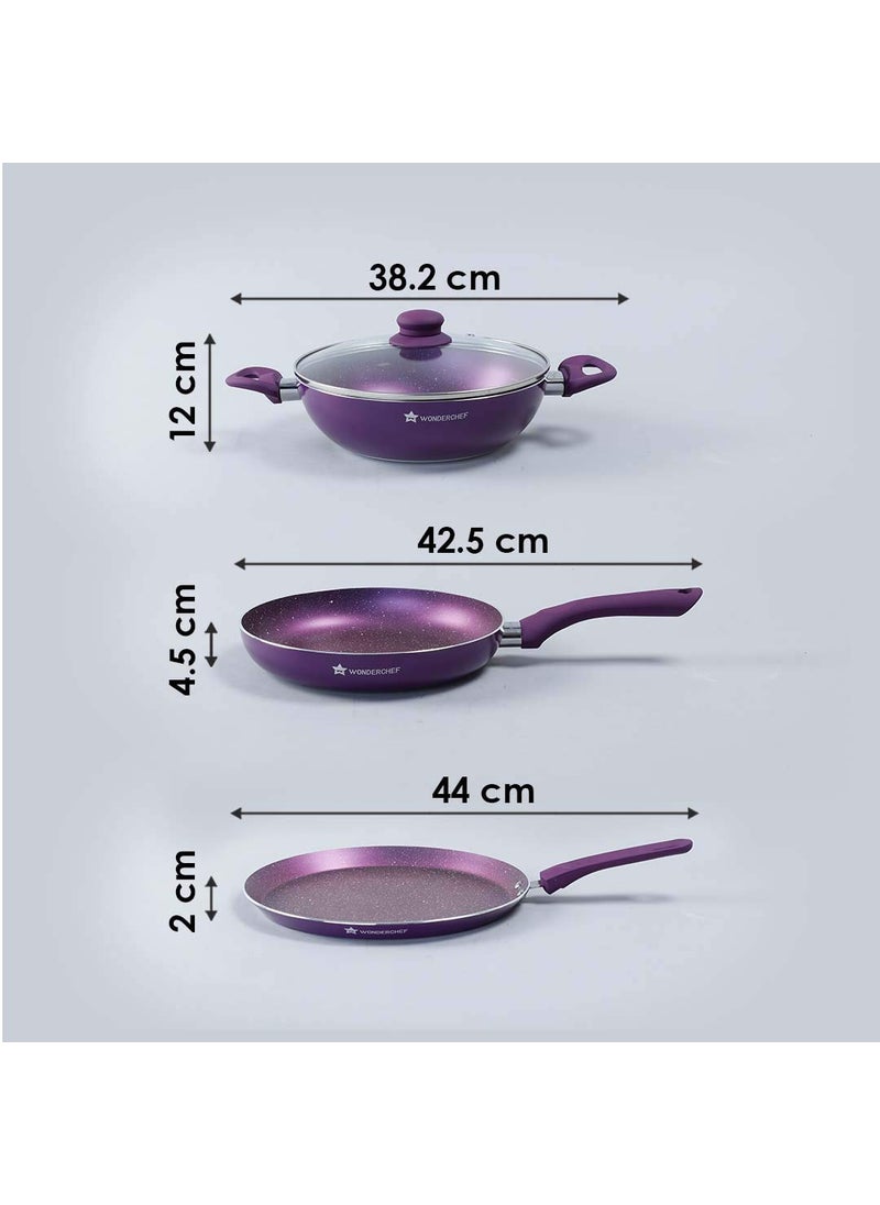 Wonderchef Orchid Non-Stick Cookware 4 Piece Set | Kadhai with Glass Lid 2.7L, Dosa Tawa 28cm, Fry Pan 24cm | Induction Bottom | Soft Touch Handles | Pure Grade Aluminium | PFOA Free | 2 Year Warranty | Purple