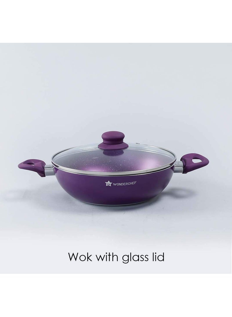Wonderchef Orchid Non-Stick Cookware 4 Piece Set | Kadhai with Glass Lid 2.7L, Dosa Tawa 28cm, Fry Pan 24cm | Induction Bottom | Soft Touch Handles | Pure Grade Aluminium | PFOA Free | 2 Year Warranty | Purple