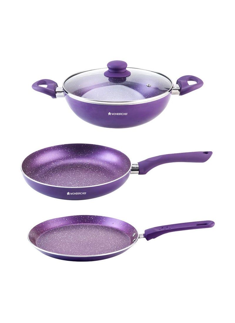 Wonderchef Orchid Non-Stick Cookware 4 Piece Set | Kadhai with Glass Lid 2.7L, Dosa Tawa 28cm, Fry Pan 24cm | Induction Bottom | Soft Touch Handles | Pure Grade Aluminium | PFOA Free | 2 Year Warranty | Purple