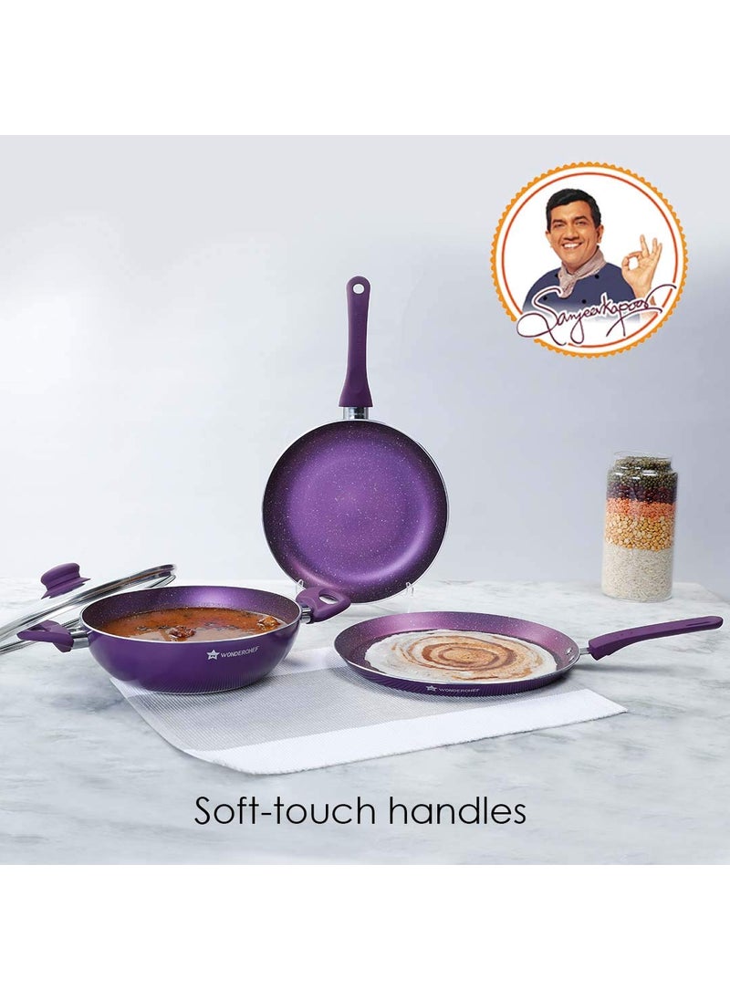 Wonderchef Orchid Non-Stick Cookware 4 Piece Set | Kadhai with Glass Lid 2.7L, Dosa Tawa 28cm, Fry Pan 24cm | Induction Bottom | Soft Touch Handles | Pure Grade Aluminium | PFOA Free | 2 Year Warranty | Purple