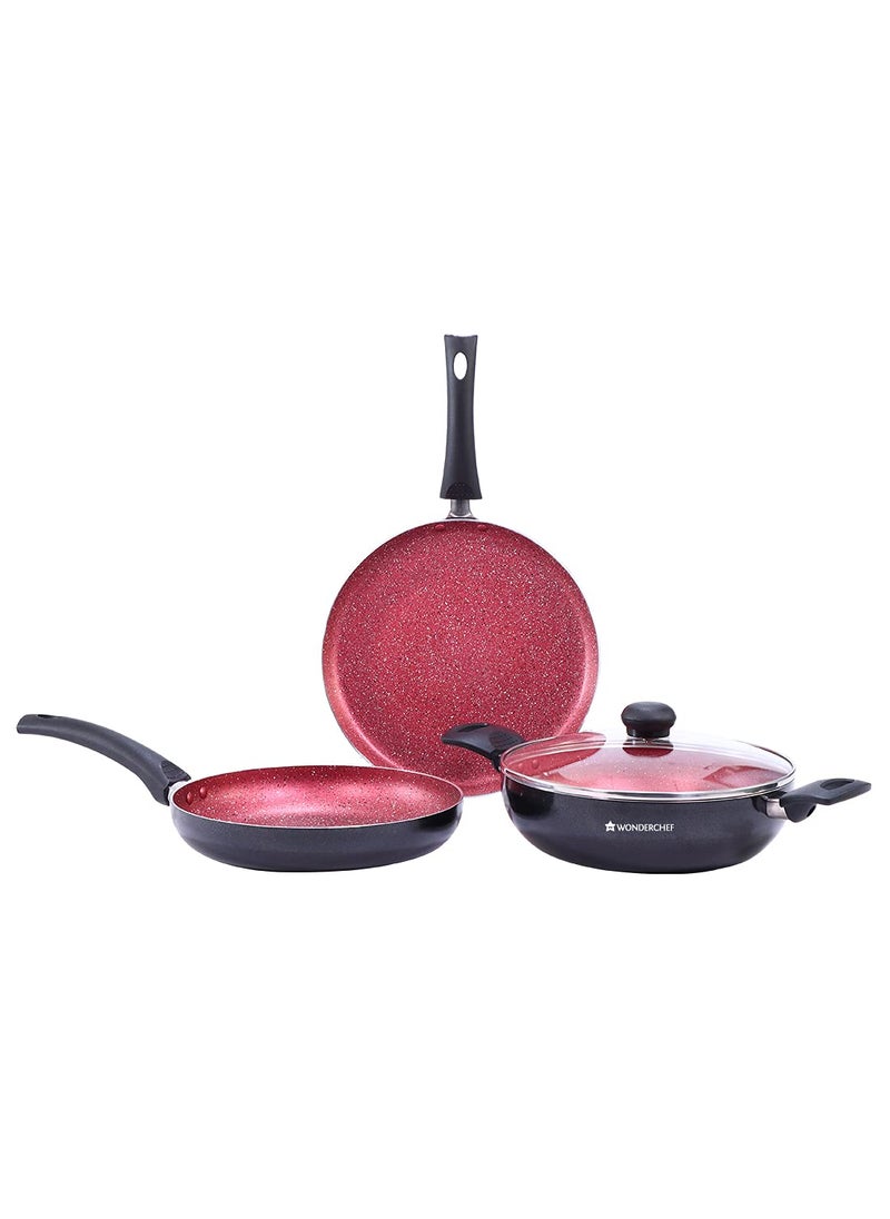 Wonderchef Sigma Non-Stick 4-piece Cookware Set | Kadhai with Lid, Dosa Tawa, Fry Pan | Induction Bottom | Cool Touch Bakelite Handles | Virgin Aluminium | PFOA Free | 2 Years Warranty | Red and Black