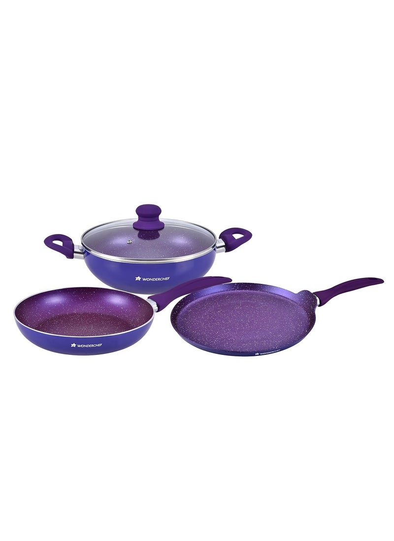 Wonderchef Blueberry Aluminium Non-Stick Cookware Set of 4 | Kadhai with Glass Lid 24cm, Fry Pan 24cm & Dosa Tawa 25cm | Induction Friendly Cookware | Soft Touch Handle | Pure Grade Aluminium | PFOA Free | 2 Year Warranty | Blue