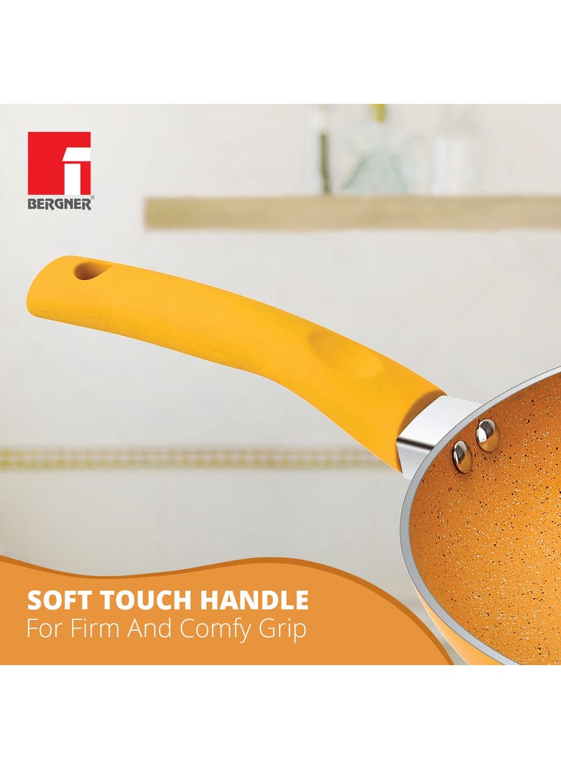 BERGNER Aluminium Jazz Non Stick Cookware Set 4Pc-Kadhai with Glass Lid 24Cm, Dosa Tawa 28Cm, Frypan 24Cm with Induction Compatible, Soft Touch Handles, Pfoa Free, Yellow