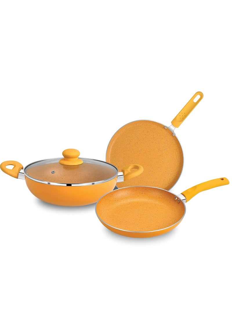 BERGNER Aluminium Jazz Non Stick Cookware Set 4Pc-Kadhai with Glass Lid 24Cm, Dosa Tawa 28Cm, Frypan 24Cm with Induction Compatible, Soft Touch Handles, Pfoa Free, Yellow