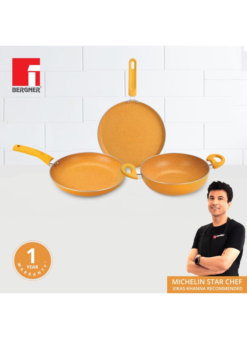 BERGNER Aluminium Jazz Non Stick Cookware Set 4Pc-Kadhai with Glass Lid 24Cm, Dosa Tawa 28Cm, Frypan 24Cm with Induction Compatible, Soft Touch Handles, Pfoa Free, Yellow