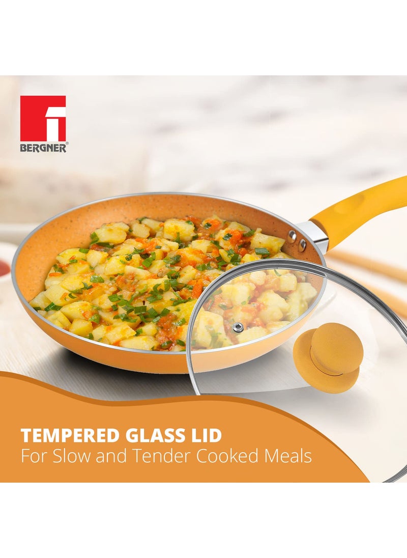 BERGNER Aluminium Jazz Non Stick Cookware Set 4Pc-Kadhai with Glass Lid 24Cm, Dosa Tawa 28Cm, Frypan 24Cm with Induction Compatible, Soft Touch Handles, Pfoa Free, Yellow