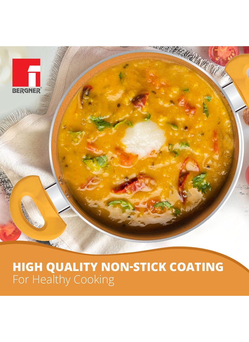 BERGNER Aluminium Jazz Non Stick Cookware Set 4Pc-Kadhai with Glass Lid 24Cm, Dosa Tawa 28Cm, Frypan 24Cm with Induction Compatible, Soft Touch Handles, Pfoa Free, Yellow