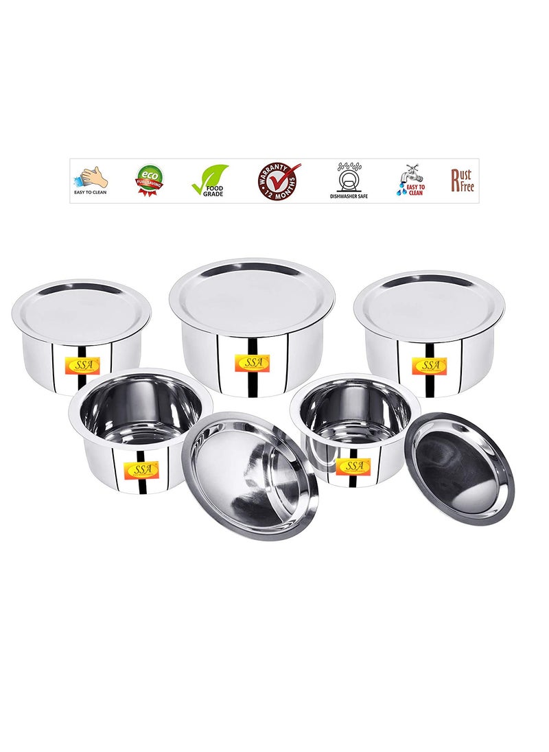 Shiv Shakti Arts® Stainless Steel Bhagoni/Tope/Patila Set with Lid & Induction Bottom Serving & Cooking Food - Heavy-22 Gauge - (Medium, Set of 5 Bhagoni 1200, 1500, 2100, 2600 & 3200 ML)