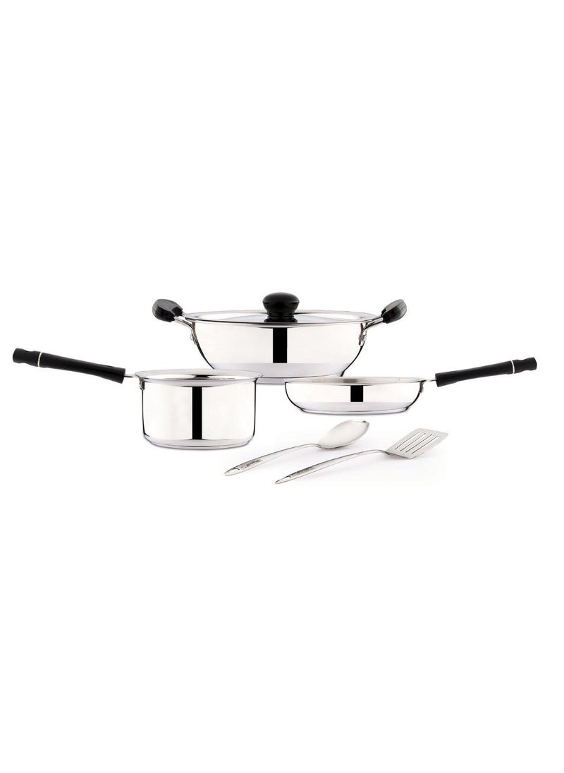 Pigeon-Triply 6pcs Stainless Steel Cookware Set | Stainless Steel Kadai with lid, Sauce Pan, Fry Pan,Slotter Turner and Oval Spoon | Stainless Steel Cookware Gift Set.