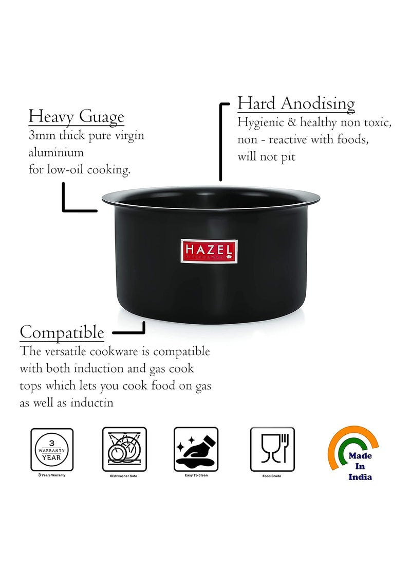HAZEL Hard Anodised Aluminium Tope | 3mm Induction Bottom Black Tope Patila Bhagona | Flat Bottom Base Induction Cookware for Kicthen, 2200 ML, Black