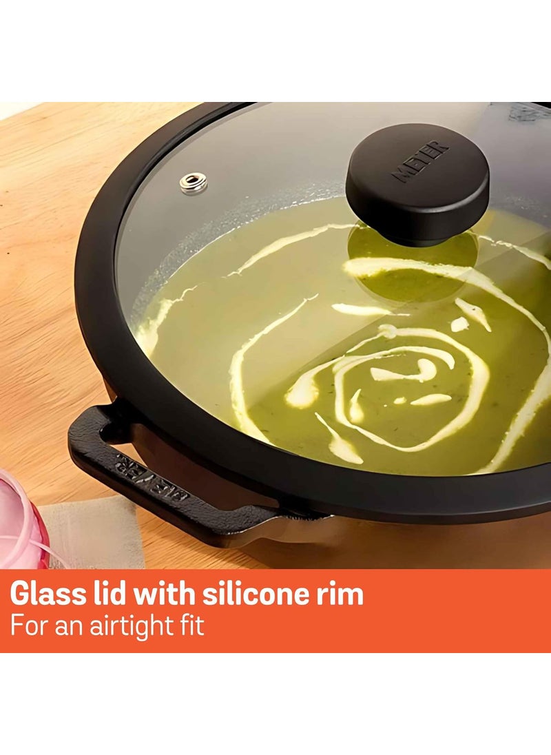 Meyer Pre Seasoned Cast Iron Kadai|Iron Kadhai with Lid for Cooking and Stir Frying | Heavy Base Iron Kadai Big Size | Gas Stove and Induction Friendly 30cm/ 4.5 Liters, Black