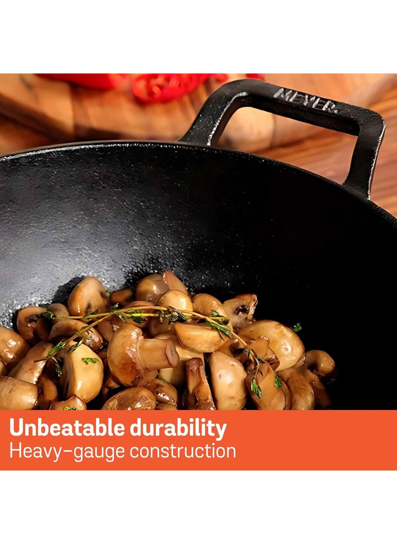 Meyer Pre Seasoned Cast Iron Kadai|Iron Kadhai with Lid for Cooking and Stir Frying | Heavy Base Iron Kadai Big Size | Gas Stove and Induction Friendly 30cm/ 4.5 Liters, Black
