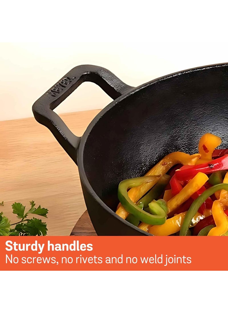 Meyer Pre Seasoned Cast Iron Kadai|Iron Kadhai with Lid for Cooking and Stir Frying | Heavy Base Iron Kadai Big Size | Gas Stove and Induction Friendly 30cm/ 4.5 Liters, Black