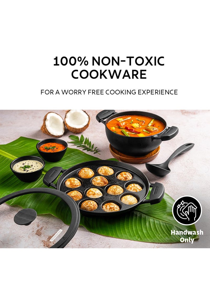 Tramontina Titanex 26 cm Pre-Seasoned Cast Iron Paniyaram/Appe Pan – 12 Pits, Non-Toxic, Induction Ready, Toughned Glass Lid w/Steam Release Lining, Snap-on Cool Touch Grips, Superior Heat Retention