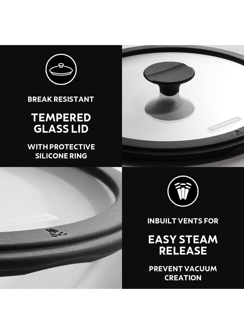 Tramontina Titanex 26 cm Pre-Seasoned Cast Iron Paniyaram/Appe Pan – 12 Pits, Non-Toxic, Induction Ready, Toughned Glass Lid w/Steam Release Lining, Snap-on Cool Touch Grips, Superior Heat Retention