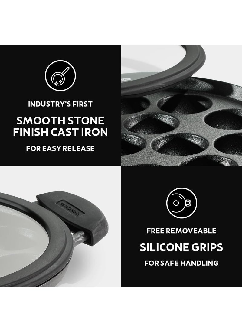 Tramontina Titanex 26 cm Pre-Seasoned Cast Iron Paniyaram/Appe Pan – 12 Pits, Non-Toxic, Induction Ready, Toughned Glass Lid w/Steam Release Lining, Snap-on Cool Touch Grips, Superior Heat Retention