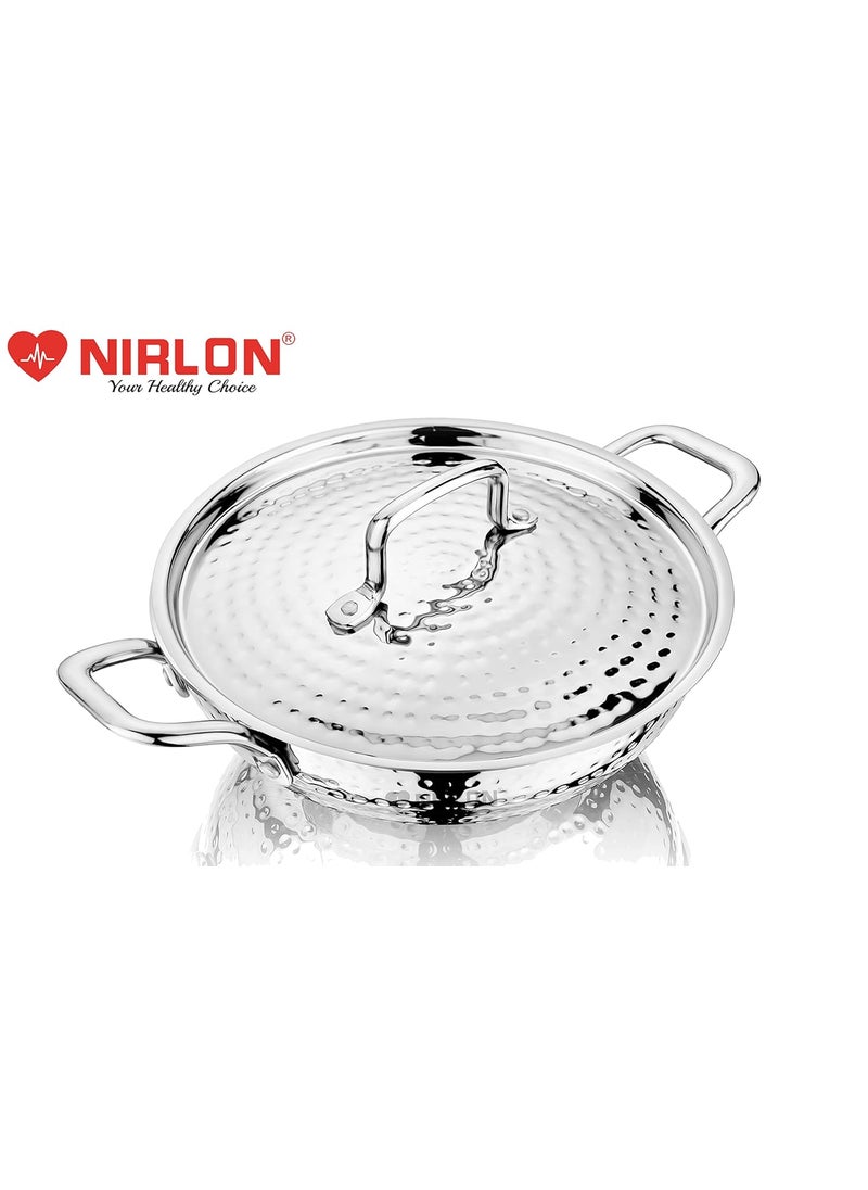 NIRLON Hammered Triply Stainless Steel Deep Kadai/Wok/Kadhai with Stainless Steel Lid | 26cm | Silver (Induction and Gas Stove Friendly)