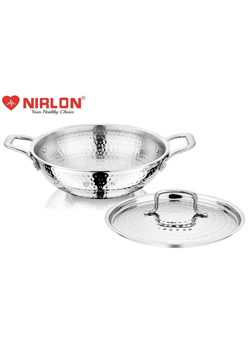 NIRLON Hammered Triply Stainless Steel Deep Kadai/Wok/Kadhai with Stainless Steel Lid | 26cm | Silver (Induction and Gas Stove Friendly)