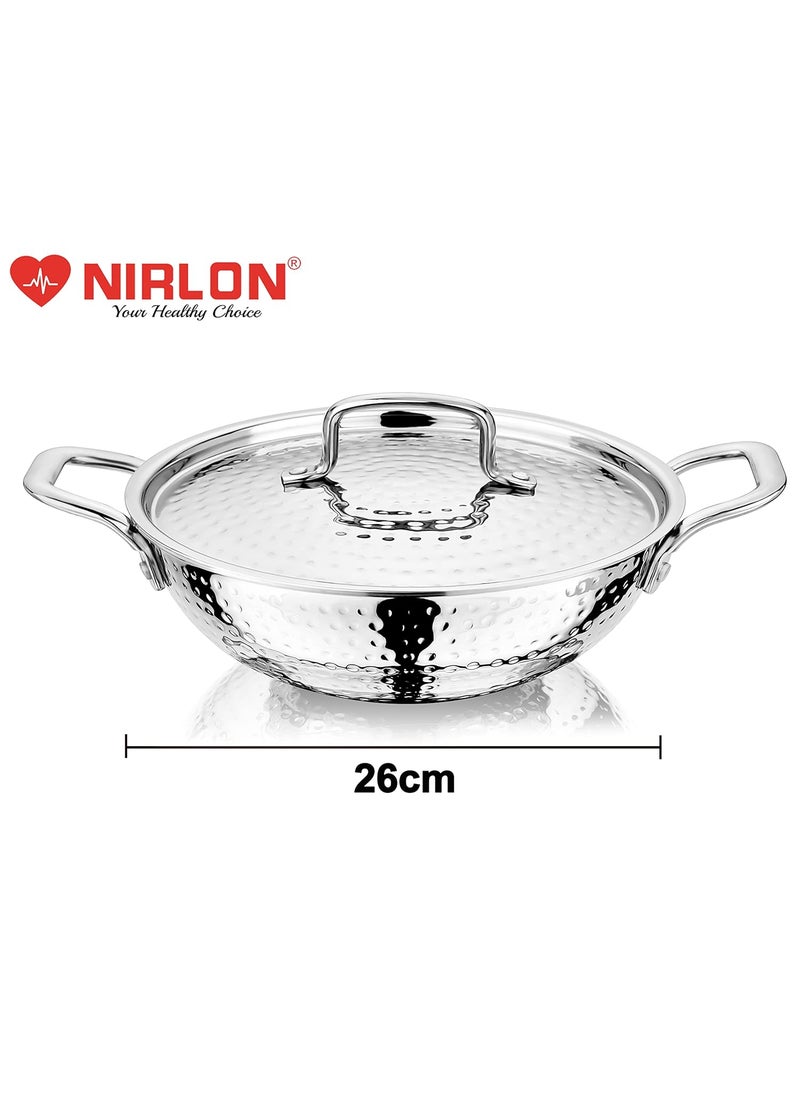 NIRLON Hammered Triply Stainless Steel Deep Kadai/Wok/Kadhai with Stainless Steel Lid | 26cm | Silver (Induction and Gas Stove Friendly)