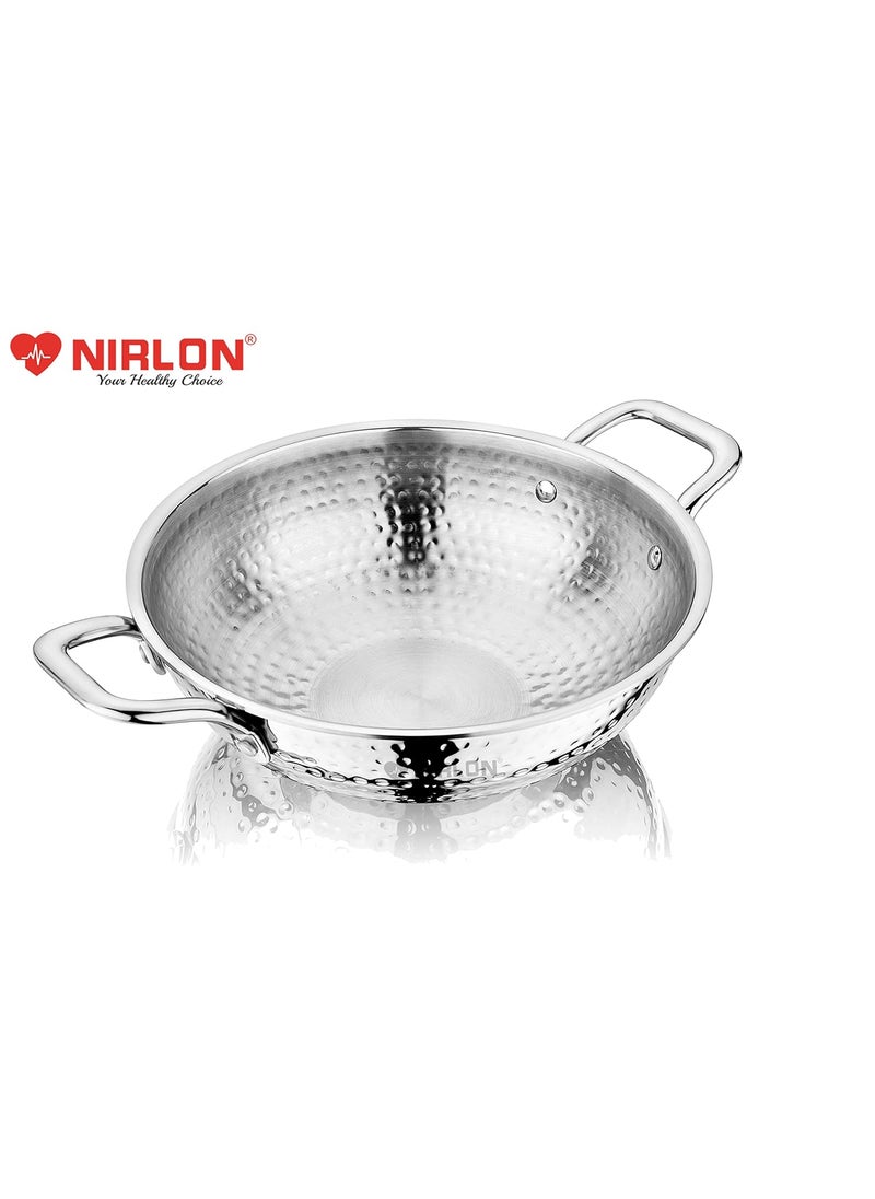 NIRLON Hammered Triply Stainless Steel Deep Kadai/Wok/Kadhai with Stainless Steel Lid | 26cm | Silver (Induction and Gas Stove Friendly)