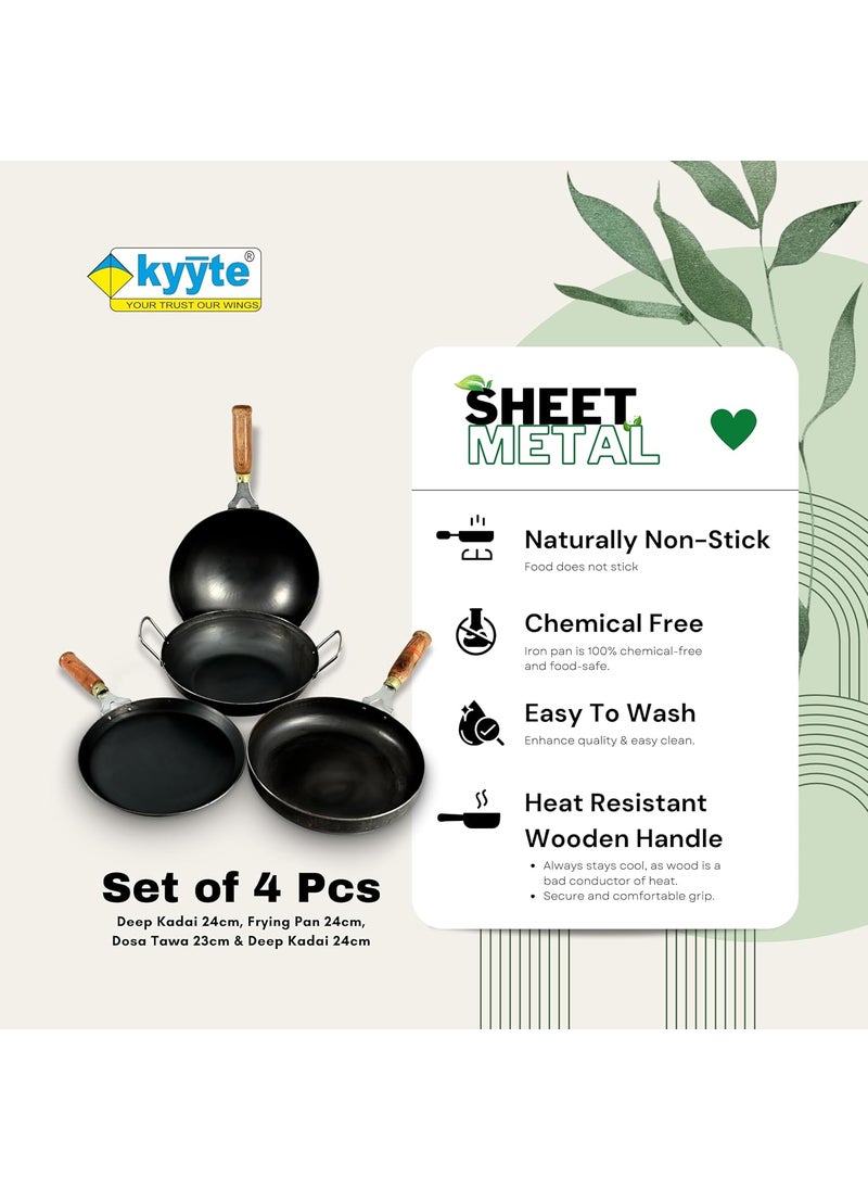 kyyte Sheet Metal Iron Set of 4 Pcs (Wok, Dosa Tawa, Frying Pan, Kadai).