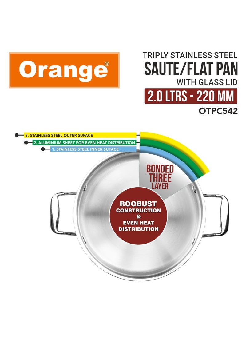 Orange Stainless Steel Triply Cook & Serve Fry Pan/Saute Pan/Kadai/Flat Pan 2 litres with Glass lid and Handles| 2.5mm Thickness, 22cm Diameter | Induction cooktop Friendly | (2L, Steel)