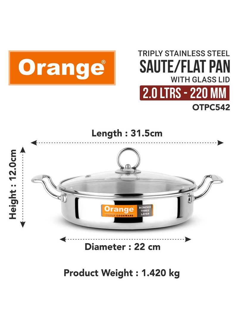 Orange Stainless Steel Triply Cook & Serve Fry Pan/Saute Pan/Kadai/Flat Pan 2 litres with Glass lid and Handles| 2.5mm Thickness, 22cm Diameter | Induction cooktop Friendly | (2L, Steel)