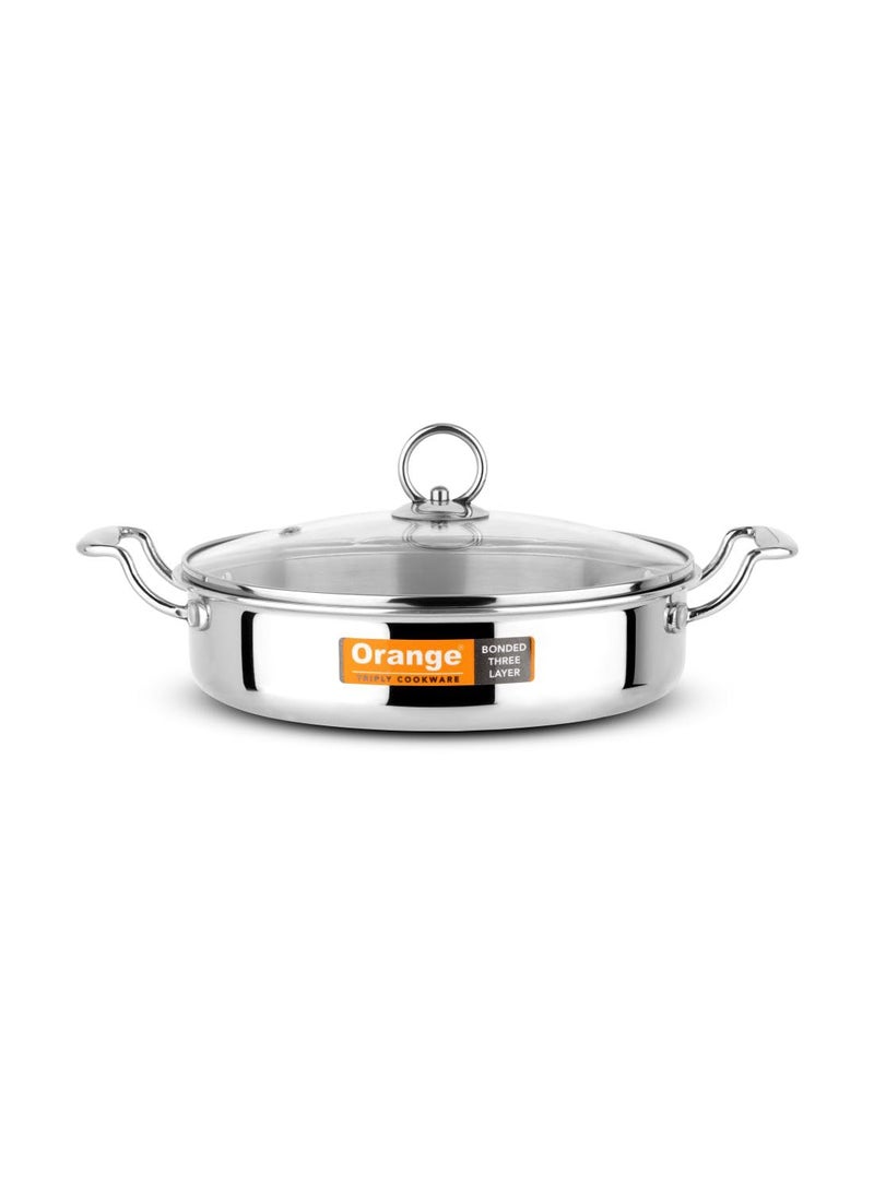 Orange Stainless Steel Triply Cook & Serve Fry Pan/Saute Pan/Kadai/Flat Pan 2 litres with Glass lid and Handles| 2.5mm Thickness, 22cm Diameter | Induction cooktop Friendly | (2L, Steel)
