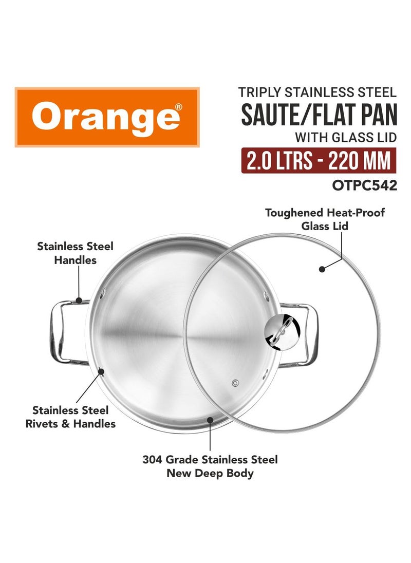 Orange Stainless Steel Triply Cook & Serve Fry Pan/Saute Pan/Kadai/Flat Pan 2 litres with Glass lid and Handles| 2.5mm Thickness, 22cm Diameter | Induction cooktop Friendly | (2L, Steel)