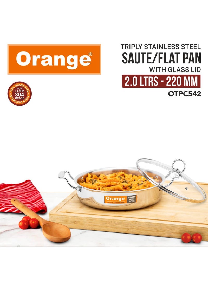 Orange Stainless Steel Triply Cook & Serve Fry Pan/Saute Pan/Kadai/Flat Pan 2 litres with Glass lid and Handles| 2.5mm Thickness, 22cm Diameter | Induction cooktop Friendly | (2L, Steel)