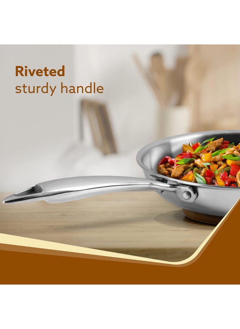 AGARO Royal Honey Comb Frying Pan, 1L Capacity, 22 cm Diameter, Tri-Ply Steel with Honey Comb, Riveted Handle, Food Safe & PFOA Free, Gas & Induction Compatible, Cooking, Frying, Serving, Silver