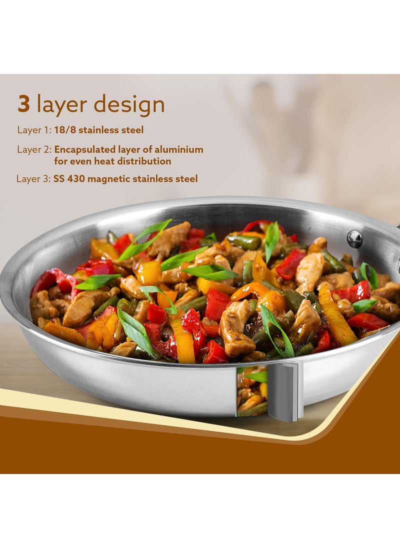 AGARO Royal Honey Comb Frying Pan, 1L Capacity, 22 cm Diameter, Tri-Ply Steel with Honey Comb, Riveted Handle, Food Safe & PFOA Free, Gas & Induction Compatible, Cooking, Frying, Serving, Silver
