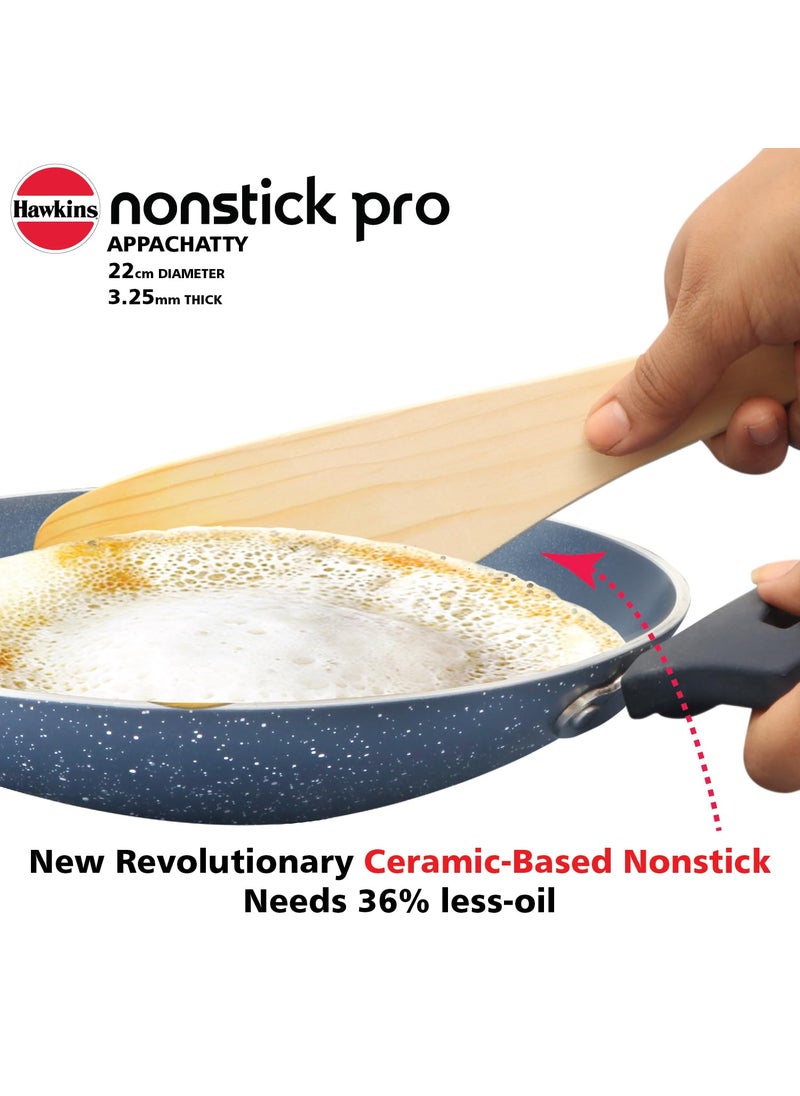 Hawkins Nonstick Pro 0.9 Litre Appachatty, Mini Kadhai, Appachatti, Appachetty, Appam Pot Maker, Deep Fry Pan with Glass Lid, Granite Kadai