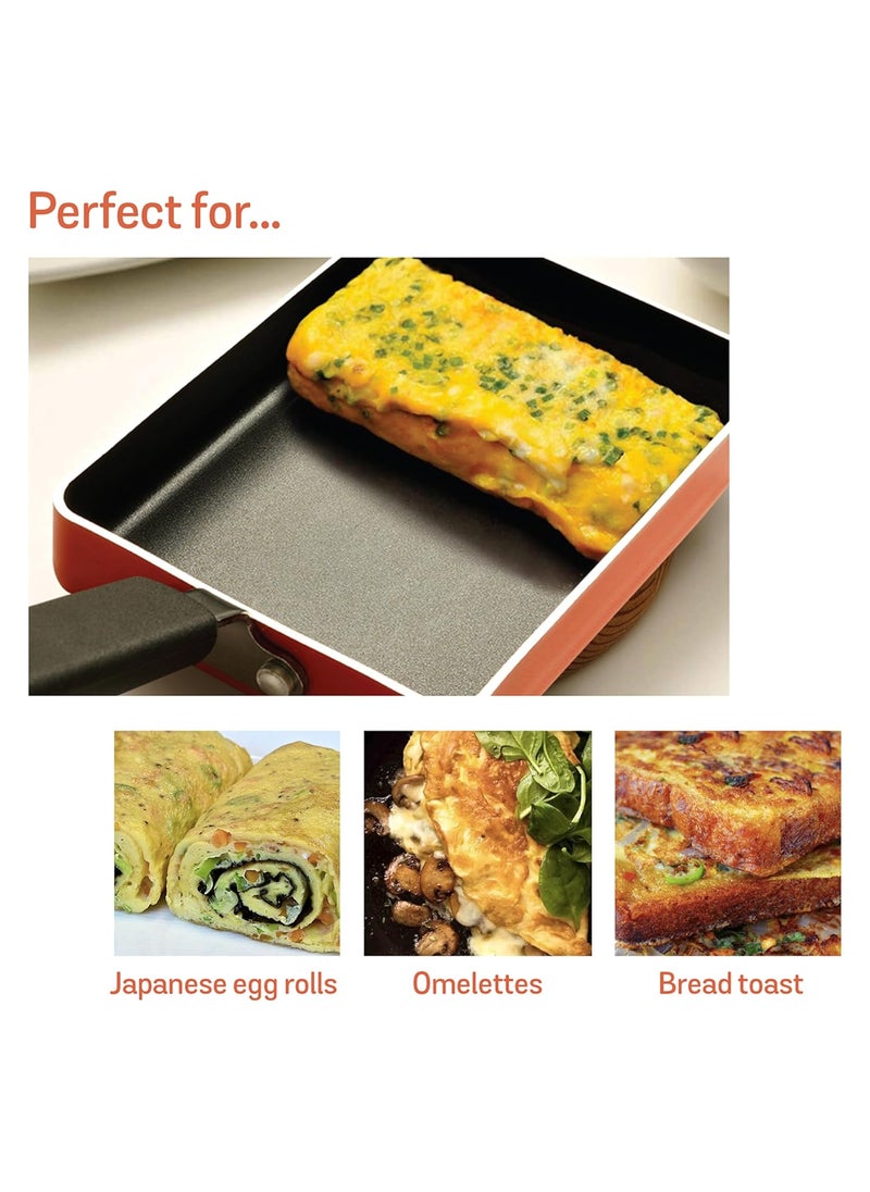 Meyer Non Stick Aluminium Tamagoyaki Pan | Egg Pan | Omelette Pan | Nonstick Frying Pan | Small pan for Omelette | Nonstick Cookware | Small Fry pan for Cooking, 18cm, Orange