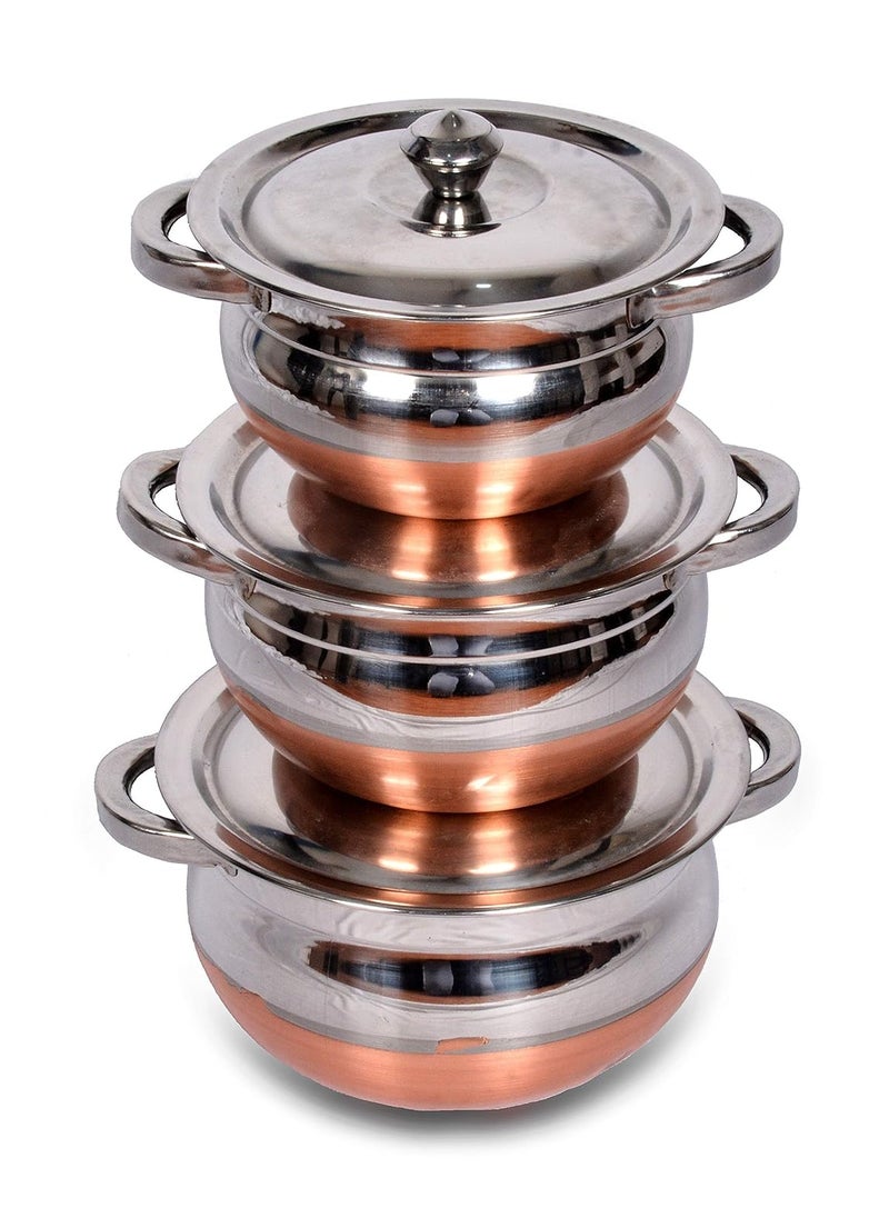 OBLETTER TRADE Copper Cooking Kadai Handi with Lid and Handle, 2.1L, Set of 3 (Silver)