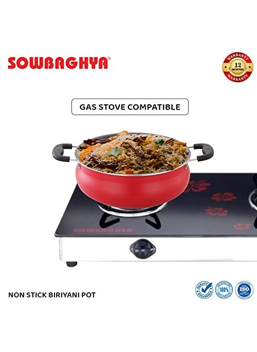 SOWBAGHYA Aluminium Non-Stick Biryani Pot With Lid,6 Liter (Red) Handi|Patila|Bhagona|Tapeli With Lid | Multipurpose Aluminium Cooking Utensils For Kitchen | Dishwasher Safe | Metal Spoon Friendly