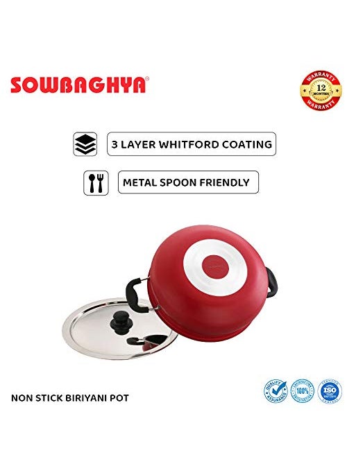 SOWBAGHYA Aluminium Non-Stick Biryani Pot With Lid,6 Liter (Red) Handi|Patila|Bhagona|Tapeli With Lid | Multipurpose Aluminium Cooking Utensils For Kitchen | Dishwasher Safe | Metal Spoon Friendly
