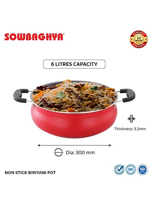 SOWBAGHYA Aluminium Non-Stick Biryani Pot With Lid,6 Liter (Red) Handi|Patila|Bhagona|Tapeli With Lid | Multipurpose Aluminium Cooking Utensils For Kitchen | Dishwasher Safe | Metal Spoon Friendly
