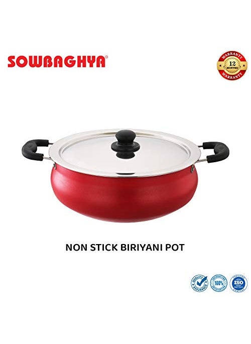 SOWBAGHYA Aluminium Non-Stick Biryani Pot With Lid,6 Liter (Red) Handi|Patila|Bhagona|Tapeli With Lid | Multipurpose Aluminium Cooking Utensils For Kitchen | Dishwasher Safe | Metal Spoon Friendly