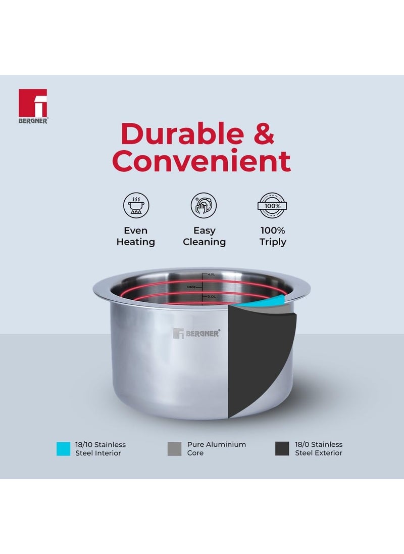 Bergner Tripro Triply 20 cm Cauldron/Tope/Handi/Patila, 3.7 L Capacity, Stainless Steel Lid, For Grains/Soups/Canning/Desserts/Broth, Multi-Layered Polish Surface, Induction & Gas Ready, 5-Year Warranty