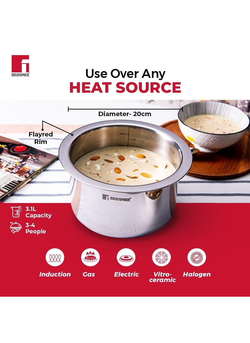 Bergner Tripro Triply 20 cm Cauldron/Tope/Handi/Patila, 3.7 L Capacity, Stainless Steel Lid, For Grains/Soups/Canning/Desserts/Broth, Multi-Layered Polish Surface, Induction & Gas Ready, 5-Year Warranty