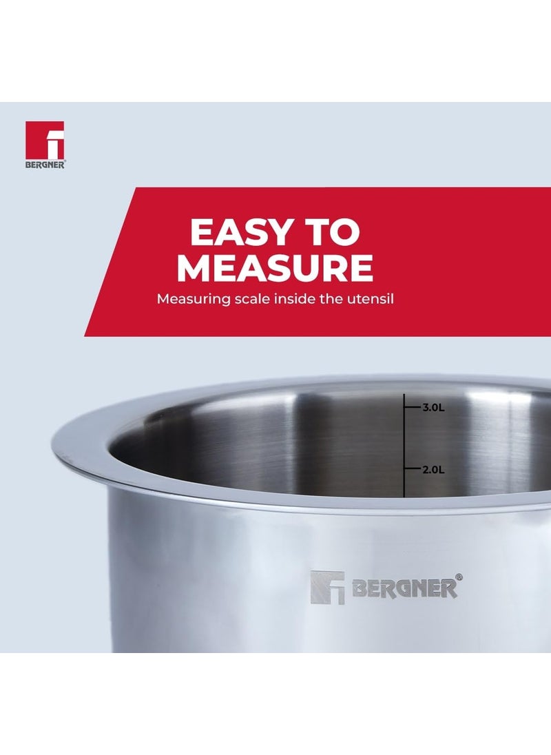Bergner Tripro Triply 20 cm Cauldron/Tope/Handi/Patila, 3.7 L Capacity, Stainless Steel Lid, For Grains/Soups/Canning/Desserts/Broth, Multi-Layered Polish Surface, Induction & Gas Ready, 5-Year Warranty