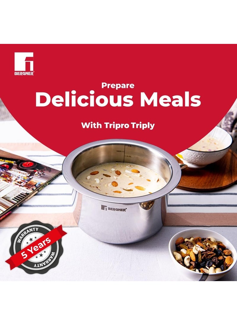 Bergner Tripro Triply 20 cm Cauldron/Tope/Handi/Patila, 3.7 L Capacity, Stainless Steel Lid, For Grains/Soups/Canning/Desserts/Broth, Multi-Layered Polish Surface, Induction & Gas Ready, 5-Year Warranty