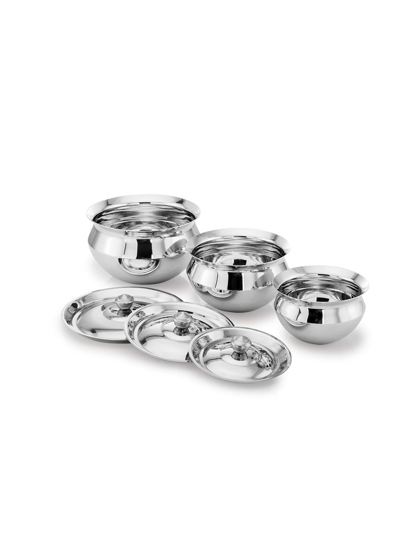 Expresso Stainless Steel Heavy Gauge Induction Friendly Kitchen Serving, Cooking Bowl, Biryani Handi Set of 3 Pieces, Model - Belly