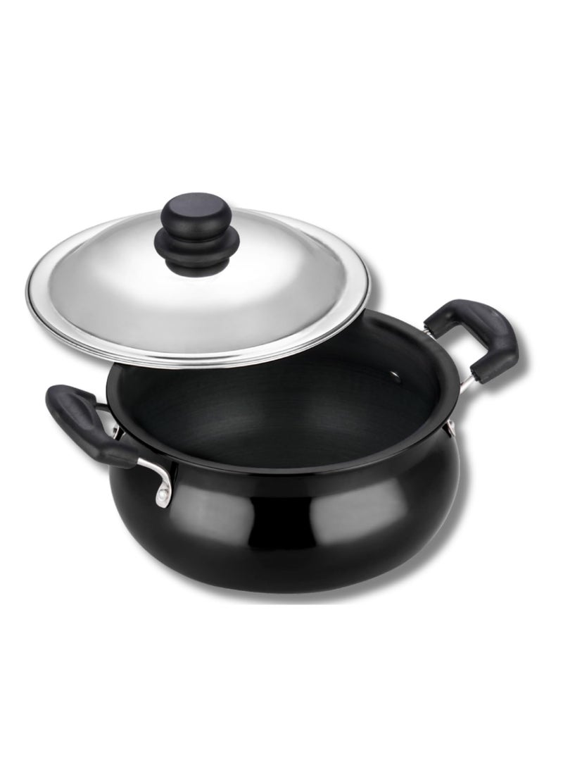 Vinod Black Pearl Hard Anodised Non Stick Handi with Lid - 2 Litre, Mini | 3.25mm | Biryani Pot | Metal Spoon Friendly | Gas Stove Compatible | 2 Year Warranty | Toxin Free - Black