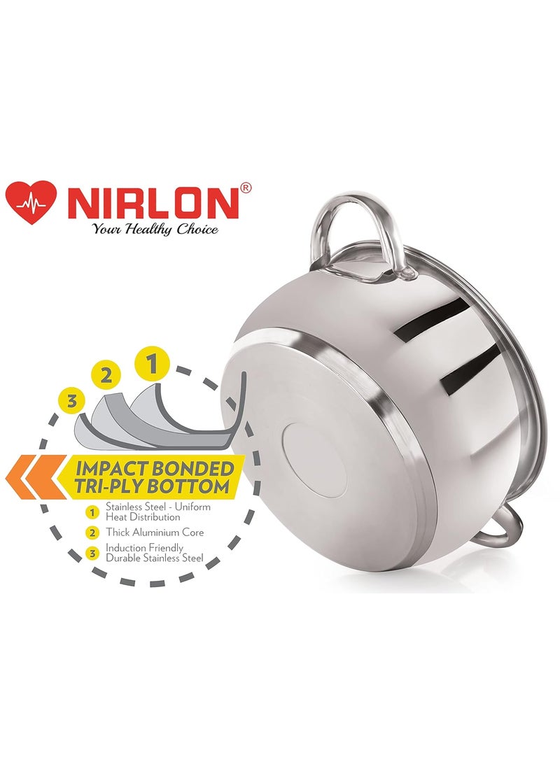 NIRLON Deluxe Series Stainless Steel Impact Bonded Tri Ply Bottom Induction Handi Casserole with Steel Lid, 16 cm / 2.2 litres, Dishwasher Safe | Flame Safe | Gas Stove Safe | Hot Plate Safe