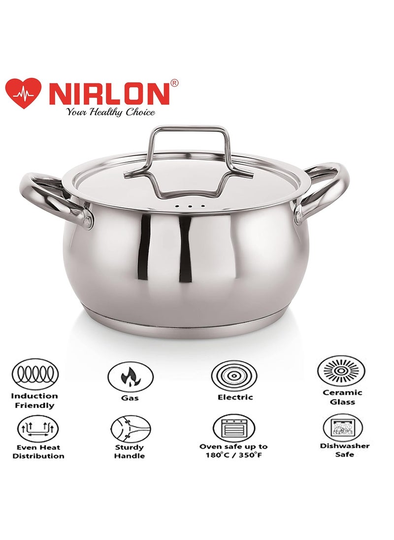 NIRLON Deluxe Series Stainless Steel Impact Bonded Tri Ply Bottom Induction Handi Casserole with Steel Lid, 16 cm / 2.2 litres, Dishwasher Safe | Flame Safe | Gas Stove Safe | Hot Plate Safe