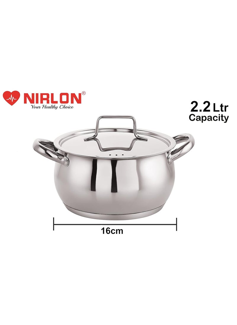 NIRLON Deluxe Series Stainless Steel Impact Bonded Tri Ply Bottom Induction Handi Casserole with Steel Lid, 16 cm / 2.2 litres, Dishwasher Safe | Flame Safe | Gas Stove Safe | Hot Plate Safe