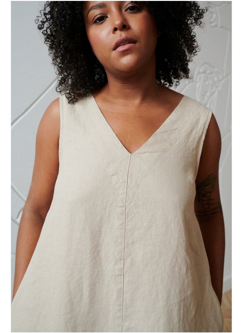 Luxury Linen V-Neck Maxi Dress for Plus Size | Effortless Elegance with Pure Irish Linen | Sleeveless, Flowy Ankle-Length Fit, Side Pockets | Beige