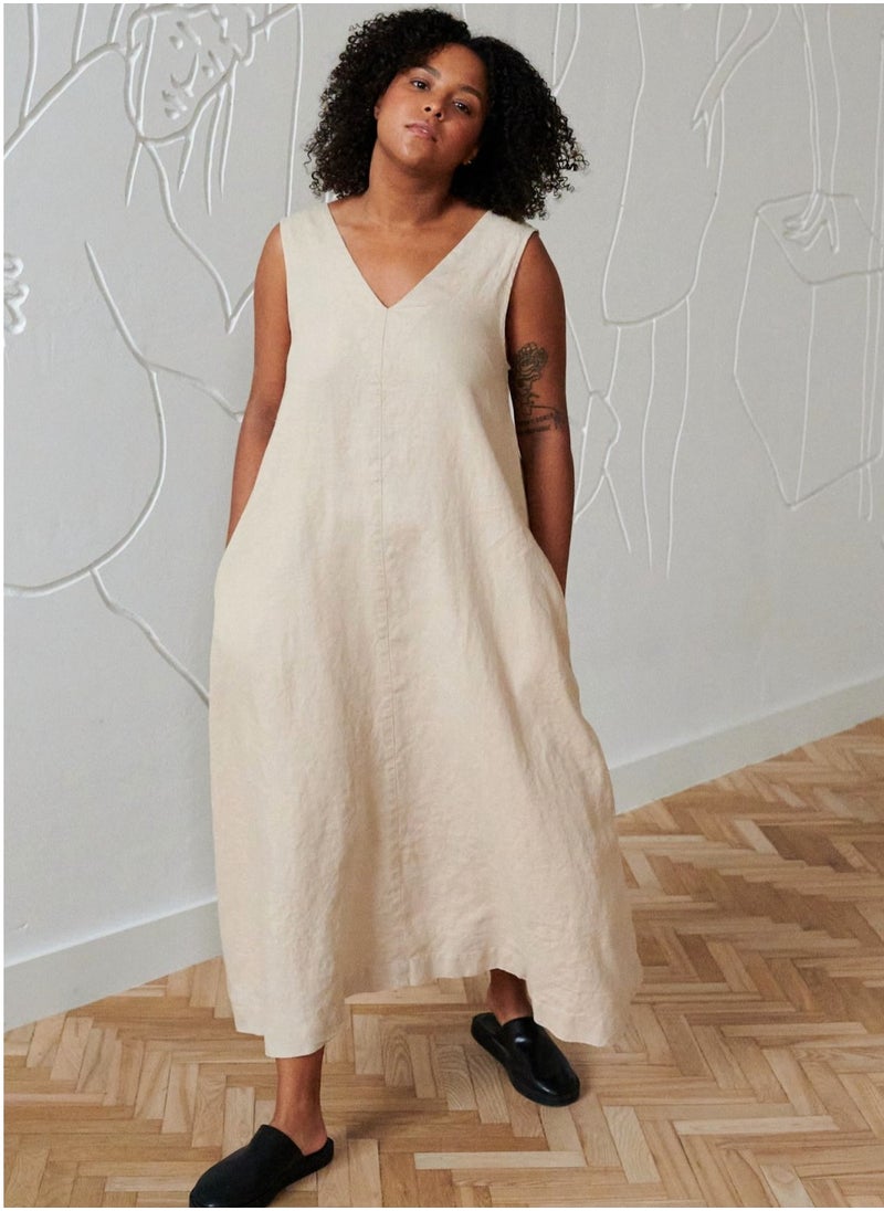 Luxury Linen V-Neck Maxi Dress for Plus Size | Effortless Elegance with Pure Irish Linen | Sleeveless, Flowy Ankle-Length Fit, Side Pockets | Beige